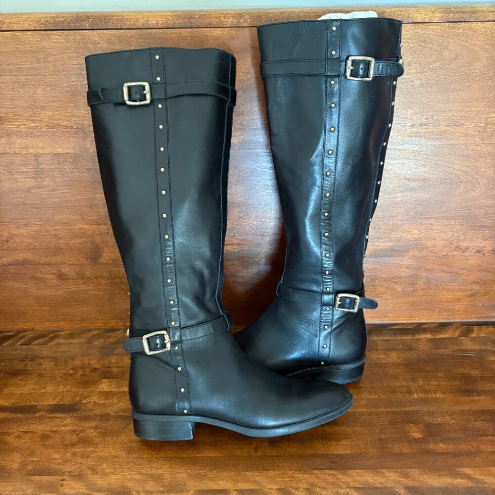 Vince Camuto Black Women's Leather Gold Studded Buckles Riding Boots Moto Chic 8